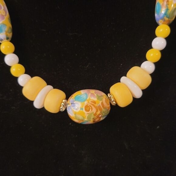 80s WD Beaded Necklace Statement Piece Yellow Colorful Spring - Picture 2 of 7